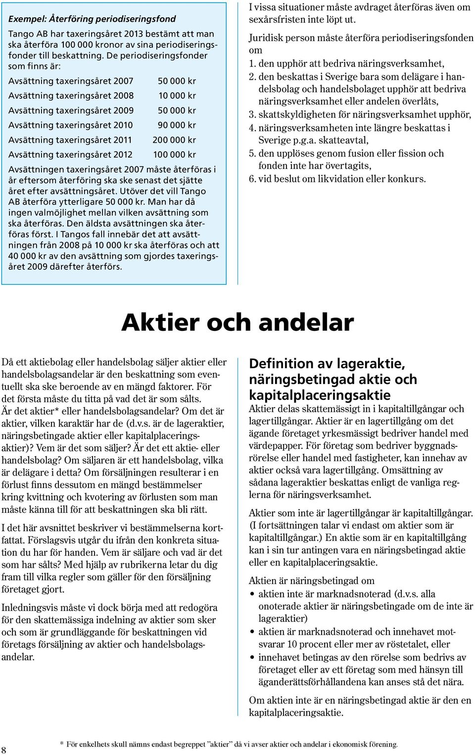 Avsättning taxeringsåret 2011 200 000 kr Avsättning taxeringsåret 2012 100 000 kr Avsättningen taxeringsåret 2007 måste återföras i år eftersom återföring ska ske senast det sjätte året efter