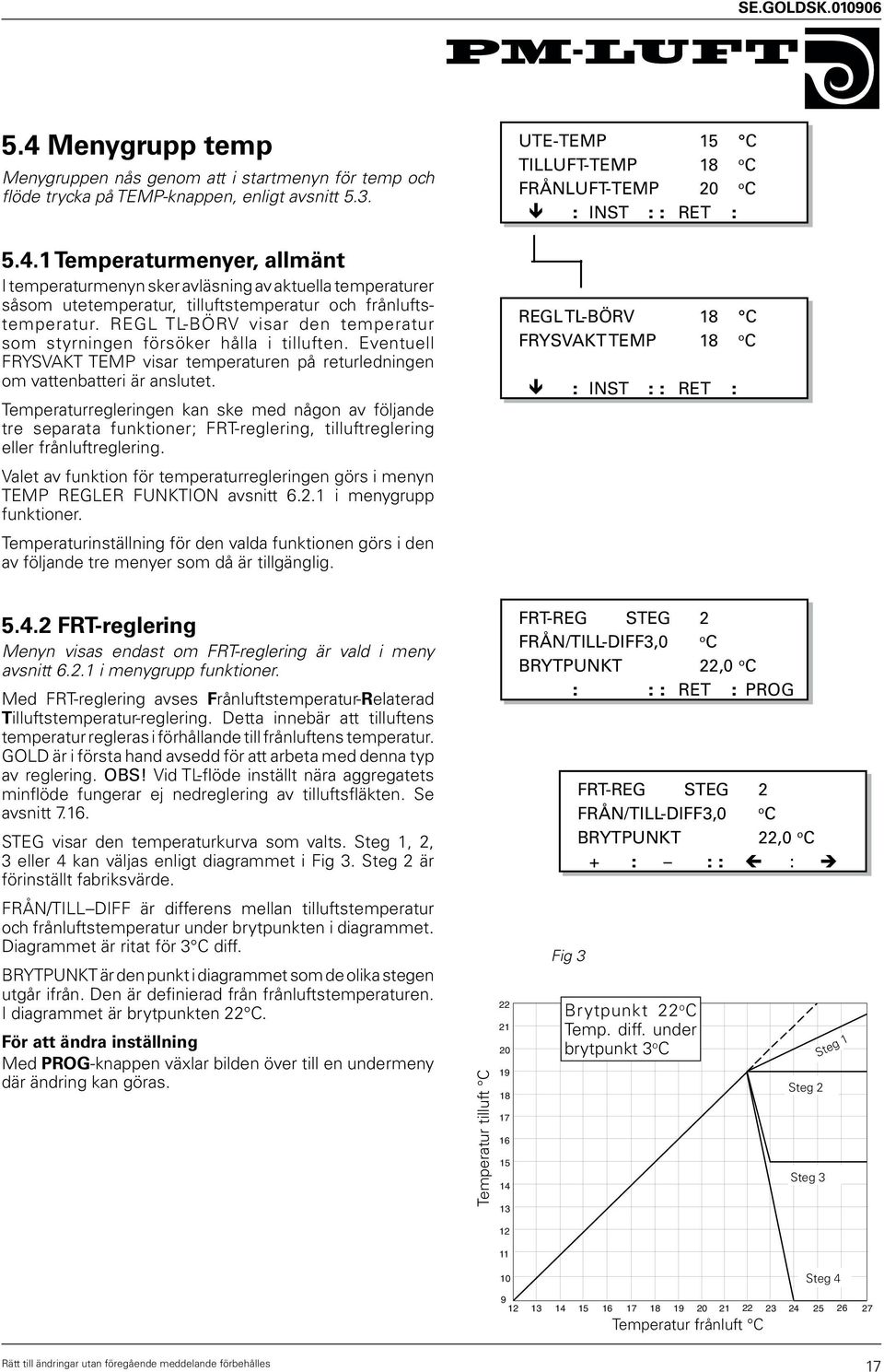 Temperaturregleringen kan ske med någon av följande tre separata funktioner; FRT-reglering, tilluftreglering eller frånluftreglering.