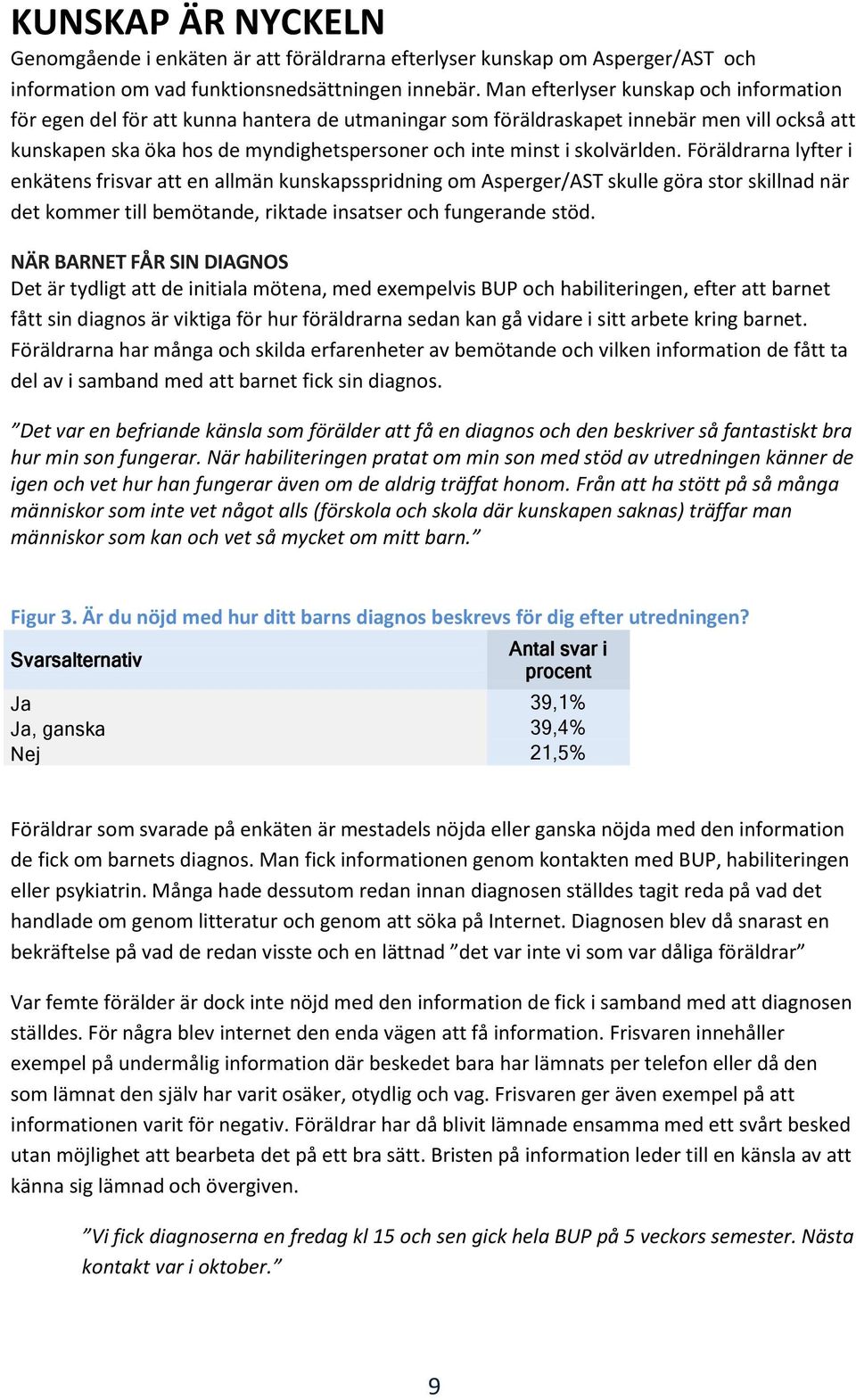 skolvärlden. Föräldrarna lyfter i enkätens frisvar att en allmän kunskapsspridning om Asperger/AST skulle göra stor skillnad när det kommer till bemötande, riktade insatser och fungerande stöd.