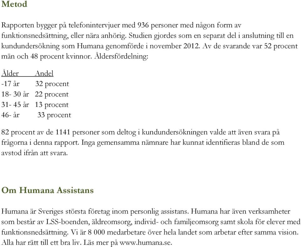 Åldersfördelning: Ålder Andel -17 år 32 procent 18-30 år 22 procent 31-45 år 13 procent 46- år 33 procent 82 procent av de 1141 personer som deltog i kundundersökningen valde att även svara på