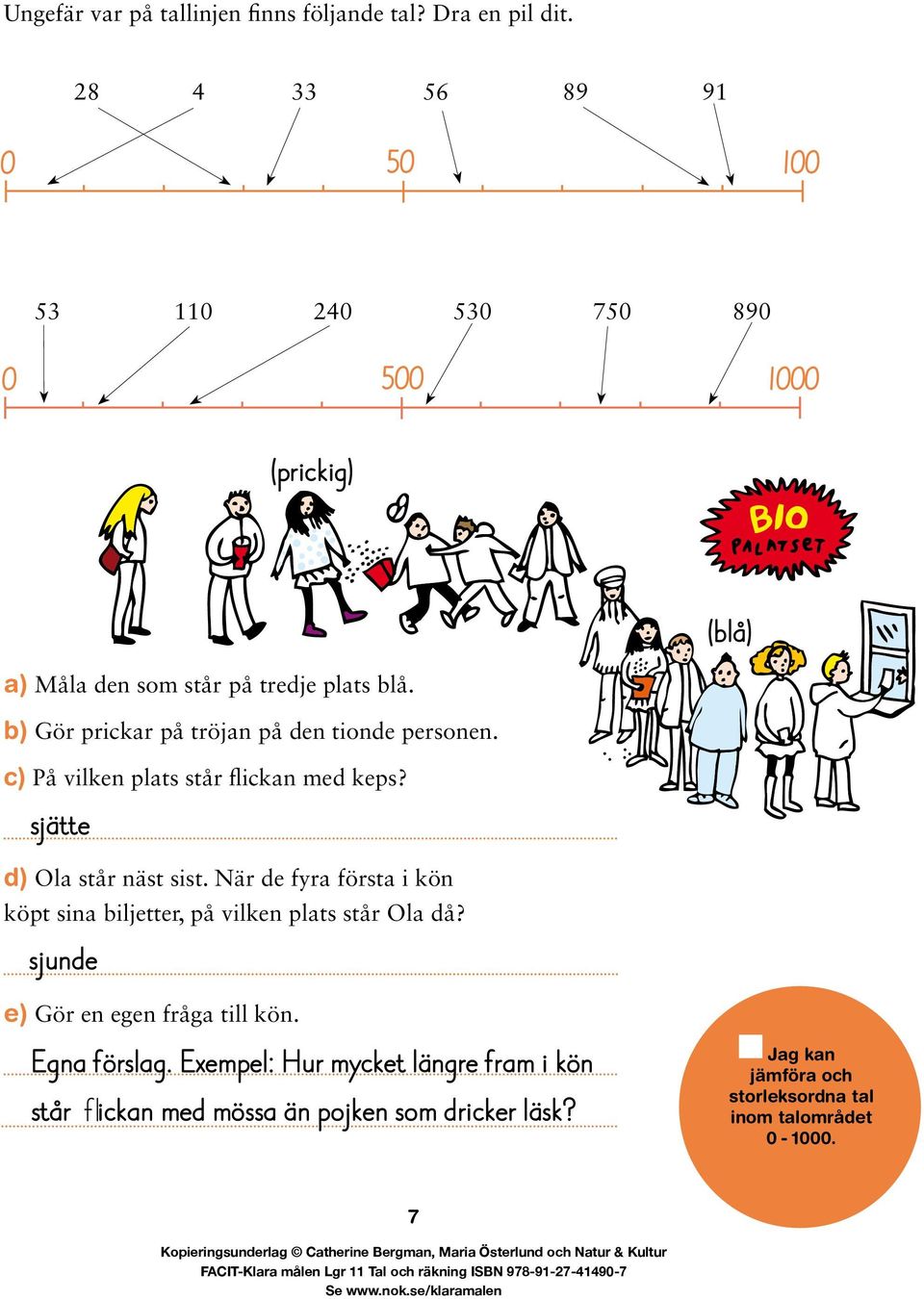 b) Gör prickar på tröjan på den tionde personen. c) På vilken plats står flickan med keps? sjätte d) Ola står näst sist.