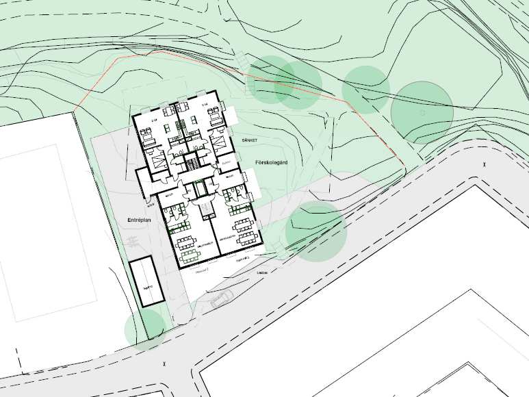 Angöring till förskolan löses genom att en lastzon anläggs på den norra sidan om Metargatan, möjligen kan denna lastzon nattetid användas för parkering.