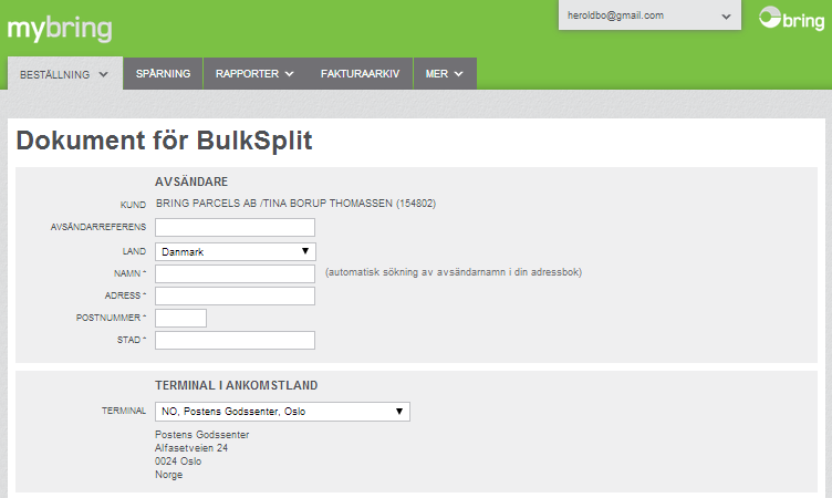Skapa BulkSplit-dokument 1. Välj BulkSplit-dokument i toppmenyn under Beställning 2. Klicka på Skapa ny och fyll uppgifter för avsändare 3. Välj mottagande terminal 4.