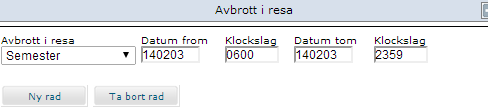 Personalavdelningen 2014-03-05 Sida 12 av 20 Ange avbrott i resa. Om du har avbrott i resan, exempelvis semester, anger du datum och klockslag för semestern.