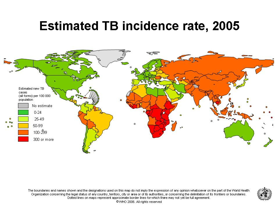 Tuberkulos 2012-01-16 L-G Larsson Global TBC 2009 enl WHO Ca 1/3 av jordens befolkning kontakt med MTB 9.4 million incidenta fall 14 million prevalenta fall 1.3 million dödsfall bland HIV-negativa 0.
