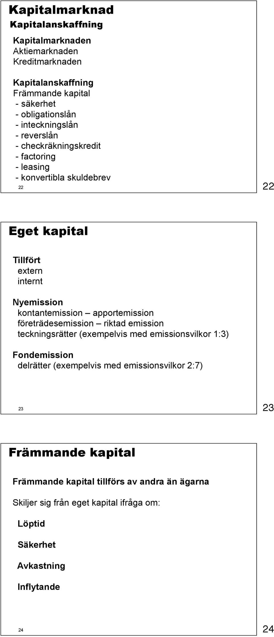 kontantemission apportemission företrädesemission riktad emission teckningsrätter (exempelvis med emissionsvilkor 1:3) Fondemission delrätter (exempelvis med