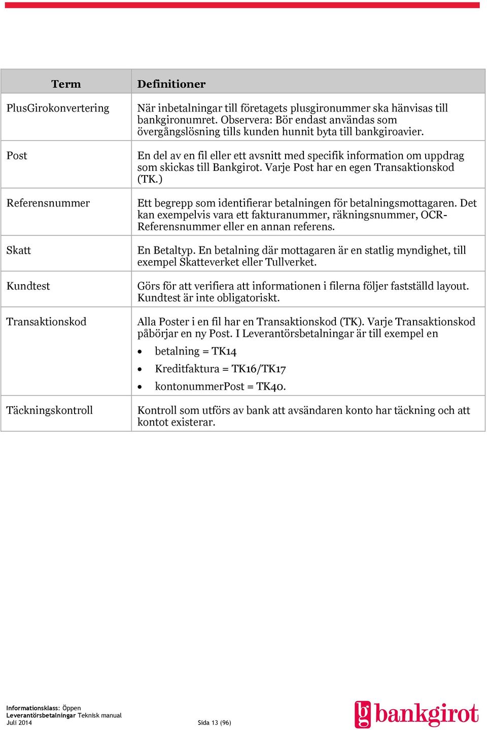 Varje Post har en egen Transaktionskod (TK.) Ett begrepp som identifierar betalningen för betalningsmottagaren.