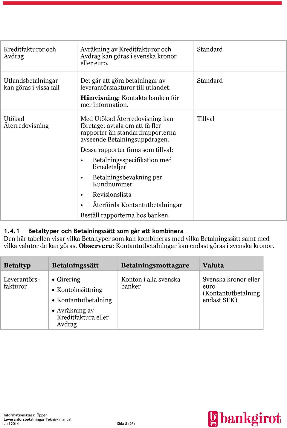 Med Utökad Återredovisning kan företaget avtala om att få fler rapporter än standardrapporterna avseende Betalningsuppdragen.