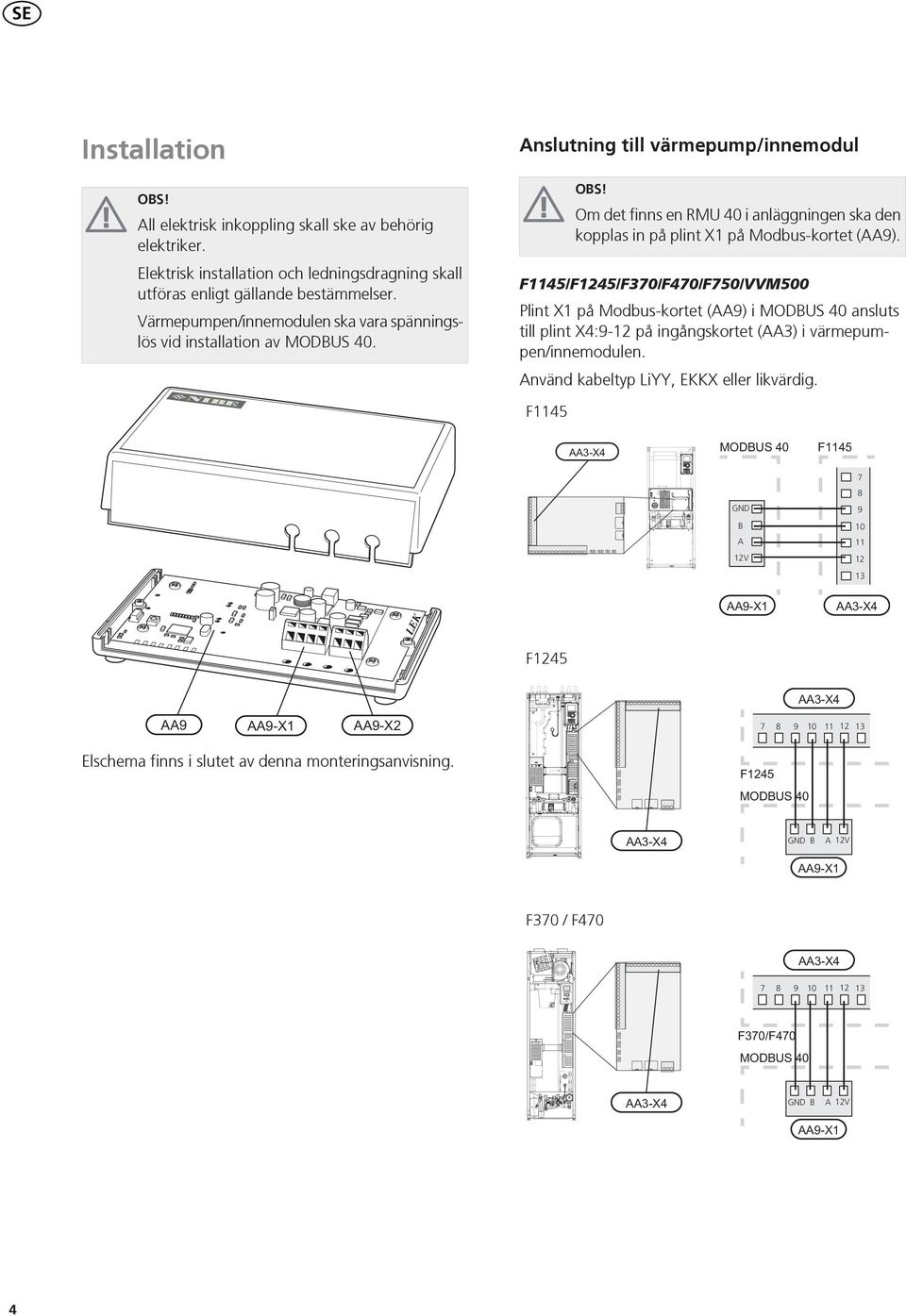 Om det finns en RMU 40 i anläggningen ska den kopplas in på plint X1 på Modbus-kortet (AA).