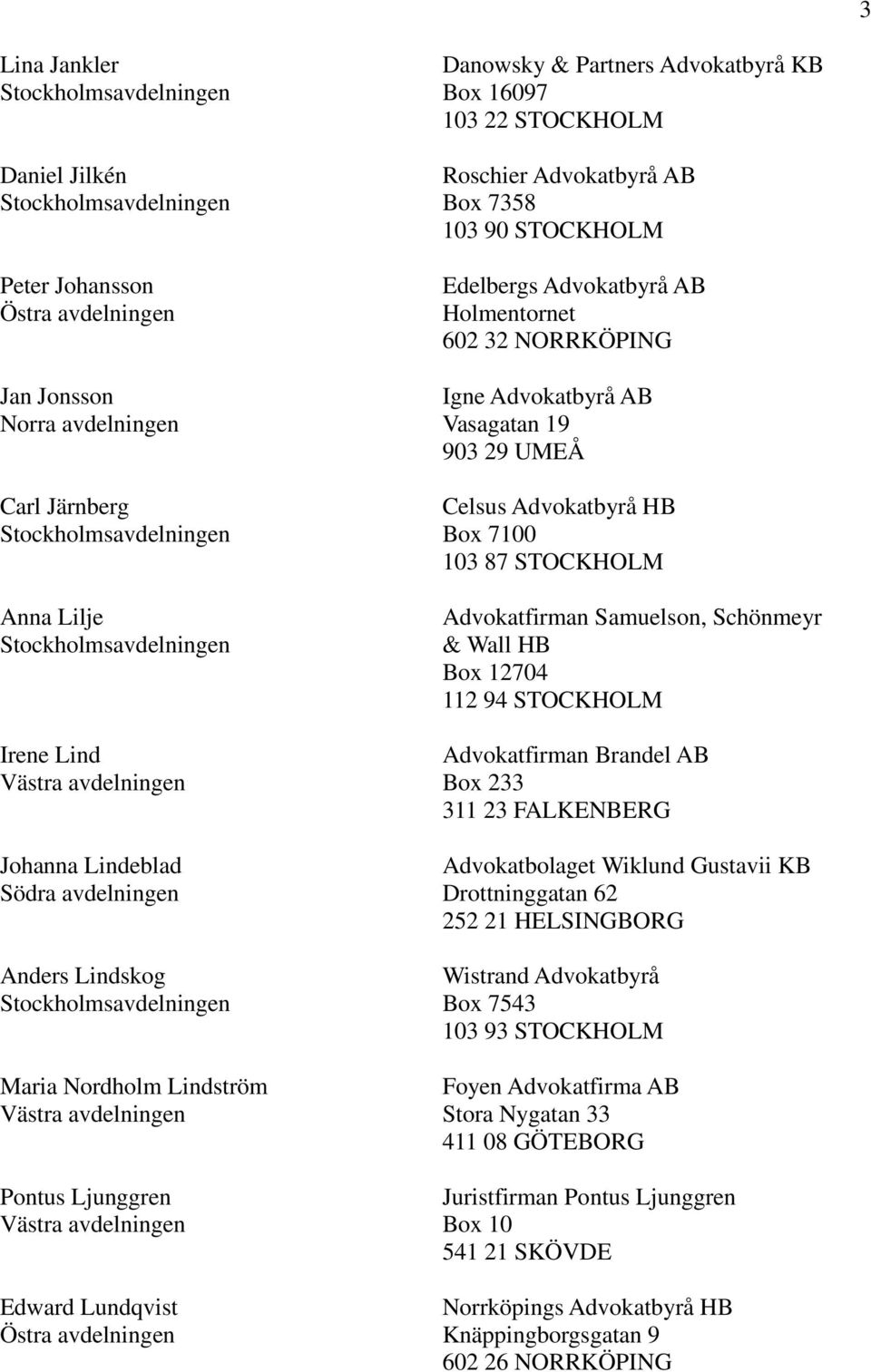 Vasagatan 19 903 29 UMEÅ Celsus Advokatbyrå HB Box 7100 103 87 STOCKHOLM Advokatfirman Samuelson, Schönmeyr & Wall HB Box 12704 112 94 STOCKHOLM Advokatfirman Brandel AB Box 233 311 23 FALKENBERG