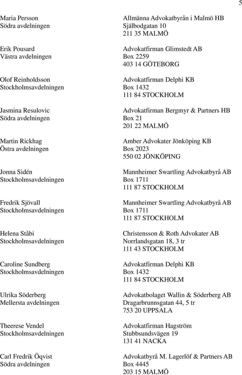 Bergmyr & Partners HB Box 21 201 22 MALMÖ Amber Advokater Jönköping KB Box 2023 550 02 JÖNKÖPING Christensson & Roth Advokater AB Norrlandsgatan 18, 3 tr 111 43 STOCKHOLM Advokatfirman Delphi KB Box