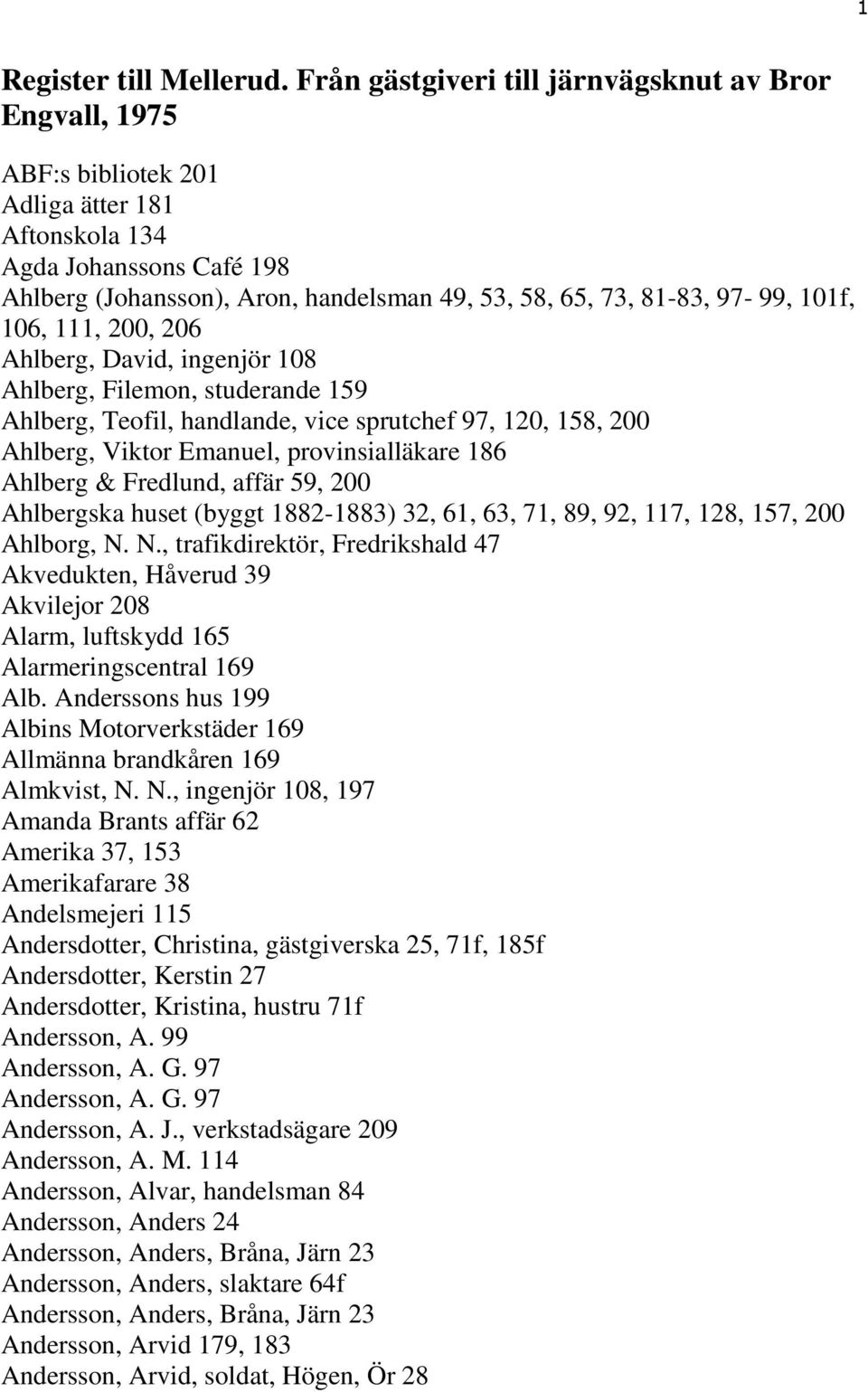 97-99, 101f, 106, 111, 200, 206 Ahlberg, David, ingenjör 108 Ahlberg, Filemon, studerande 159 Ahlberg, Teofil, handlande, vice sprutchef 97, 120, 158, 200 Ahlberg, Viktor Emanuel, provinsialläkare