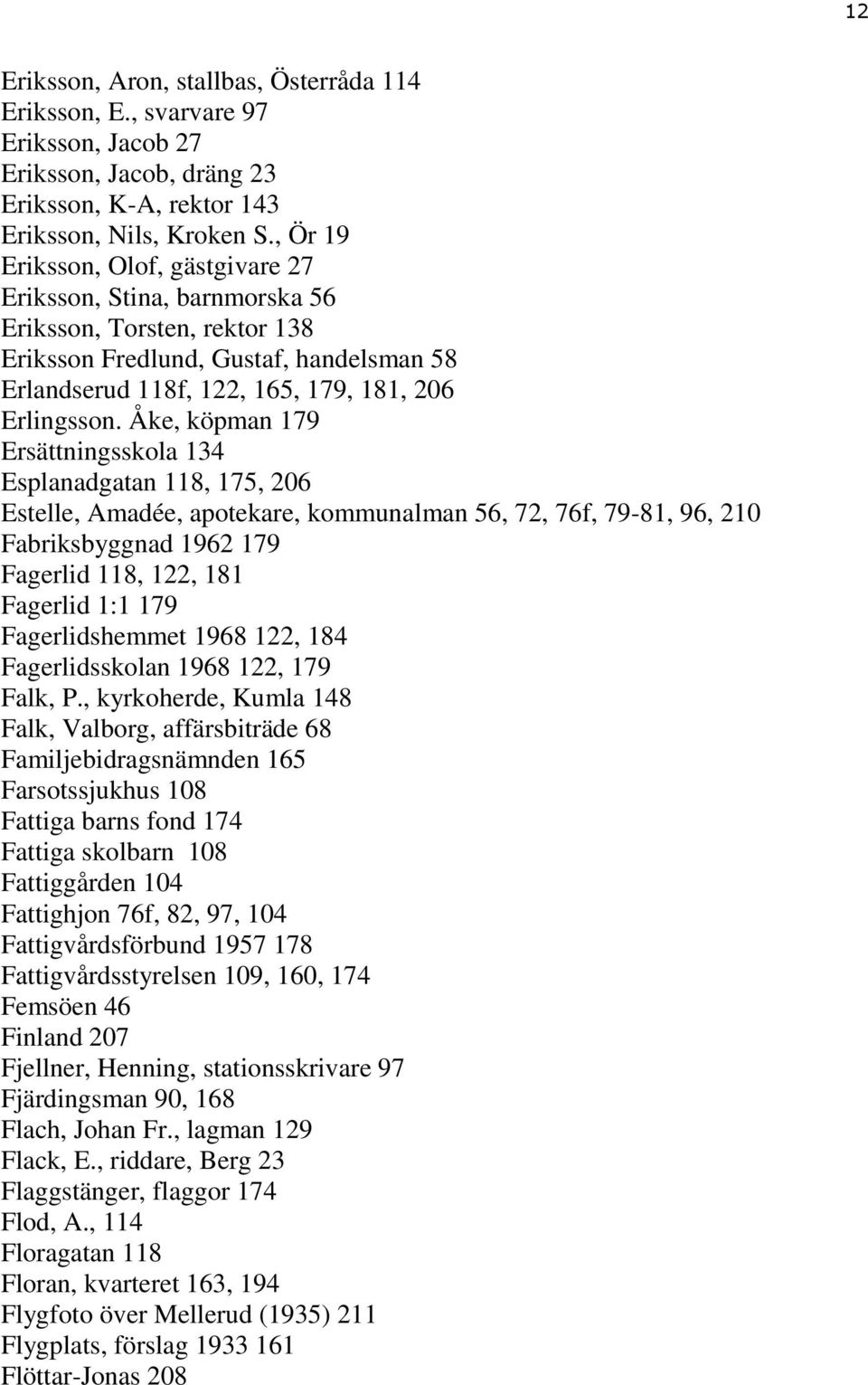 Åke, köpman 179 Ersättningsskola 134 Esplanadgatan 118, 175, 206 Estelle, Amadée, apotekare, kommunalman 56, 72, 76f, 79-81, 96, 210 Fabriksbyggnad 1962 179 Fagerlid 118, 122, 181 Fagerlid 1:1 179