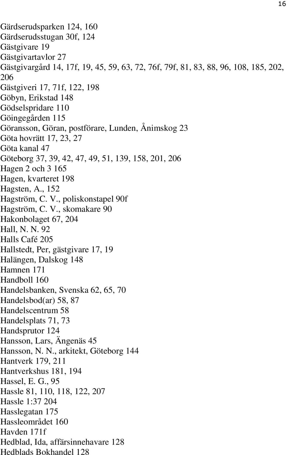 Hagen 2 och 3 165 Hagen, kvarteret 198 Hagsten, A., 152 Hagström, C. V., poliskonstapel 90f Hagström, C. V., skomakare 90 Hakonbolaget 67, 204 Hall, N.