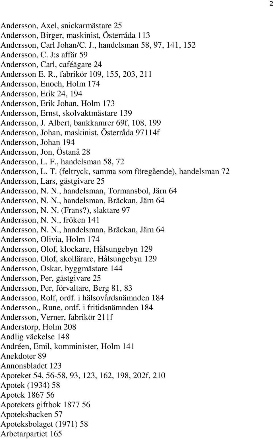 , fabrikör 109, 155, 203, 211 Andersson, Enoch, Holm 174 Andersson, Erik 24, 194 Andersson, Erik Johan, Holm 173 Andersson, Ernst, skolvaktmästare 139 Andersson, J.