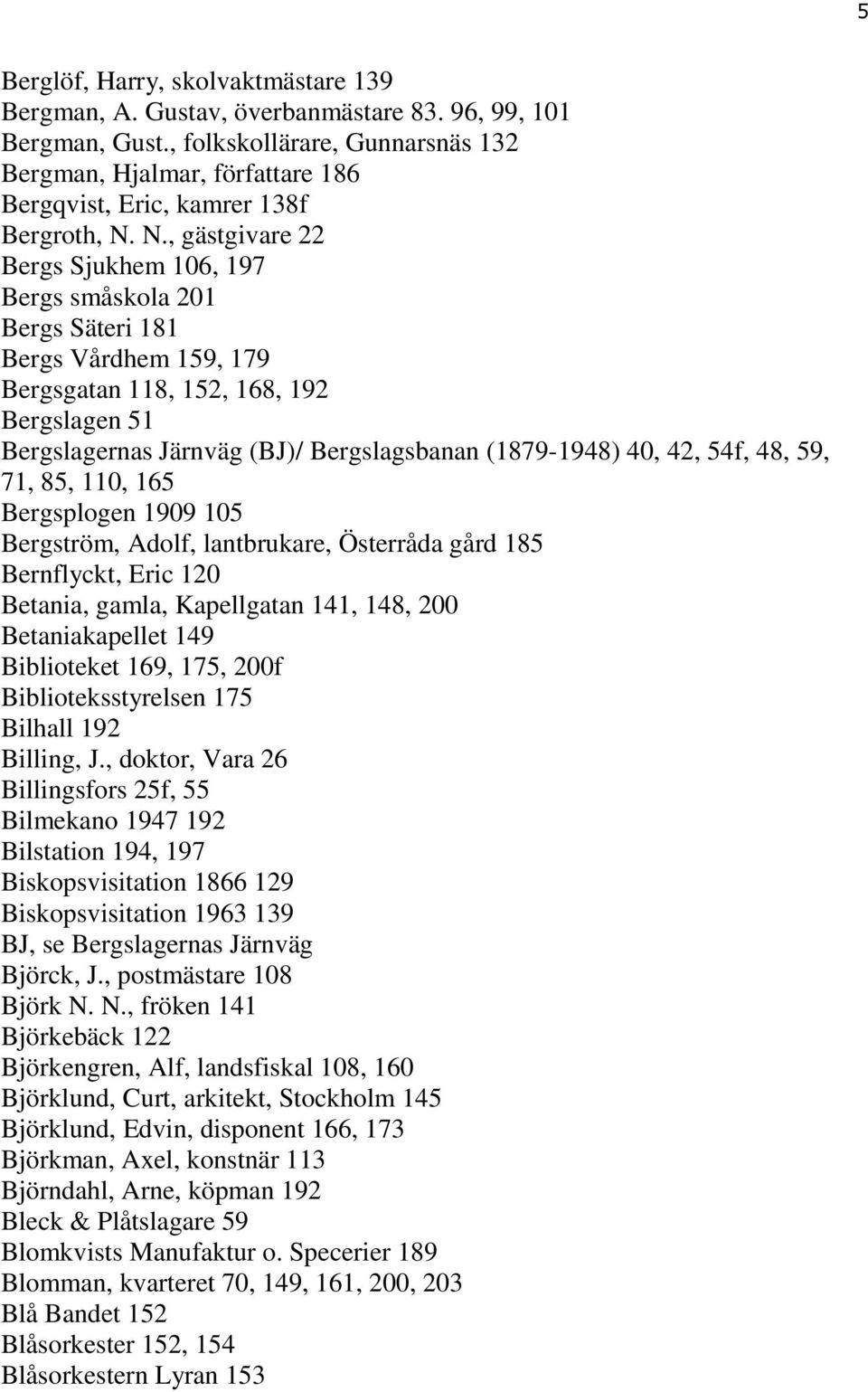 N., gästgivare 22 Bergs Sjukhem 106, 197 Bergs småskola 201 Bergs Säteri 181 Bergs Vårdhem 159, 179 Bergsgatan 118, 152, 168, 192 Bergslagen 51 Bergslagernas Järnväg (BJ)/ Bergslagsbanan (1879-1948)
