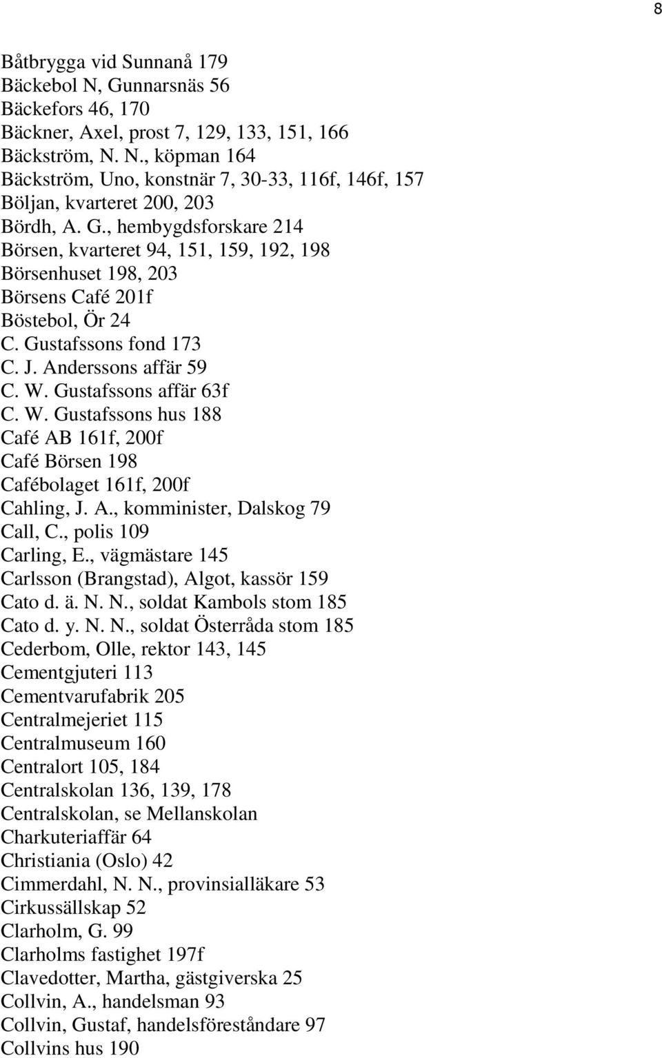 Gustafssons affär 63f C. W. Gustafssons hus 188 Café AB 161f, 200f Café Börsen 198 Cafébolaget 161f, 200f Cahling, J. A., komminister, Dalskog 79 Call, C., polis 109 Carling, E.