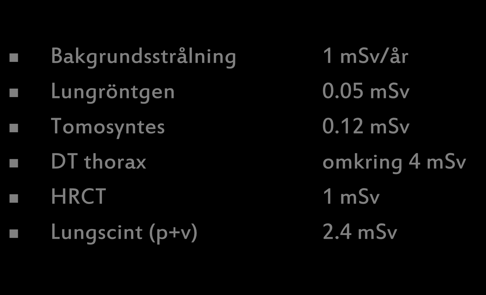 Stråldoser Bakgrundsstrålning 1 msv/år Lungröntgen 0.