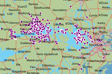 Utbredningen av mistel i Mälardalen åskådliggörs lättast i kartform där mistlar rapporterade till artportalen år 2002-2012 anges. Bild 7: Rapporterade mistelfynd till artportalen mellan 2002-2012.