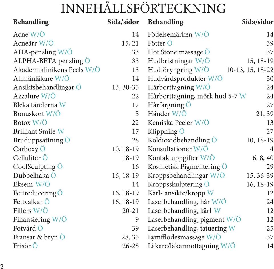 W/Ö 14 Fettreducering Ö 16, 18-19 Fettvalkar Ö 16, 18-19 Fillers W/Ö 20-21 Finansiering W/Ö 9 Fotvård Ö 39 Fransar & bryn Ö 28, 35 Frisör Ö 26-28 Behandling Sida/sidor Födelsemärken W/Ö 14 Fötter Ö