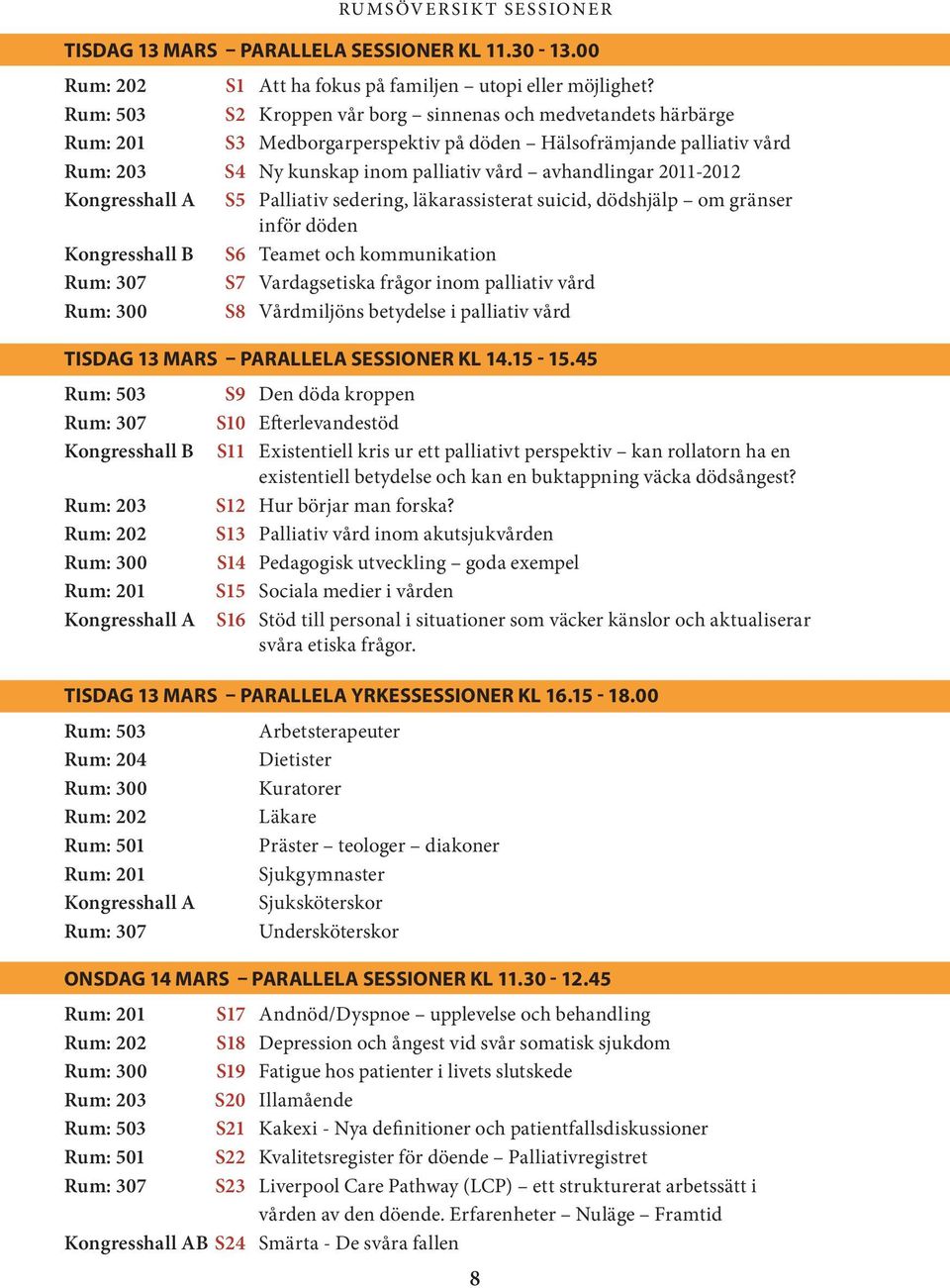 2011-2012 Kongresshall A S5 Palliativ sedering, läkarassisterat suicid, dödshjälp om gränser inför döden Kongresshall B S6 Teamet och kommunikation Rum: 307 S7 Vardagsetiska frågor inom palliativ