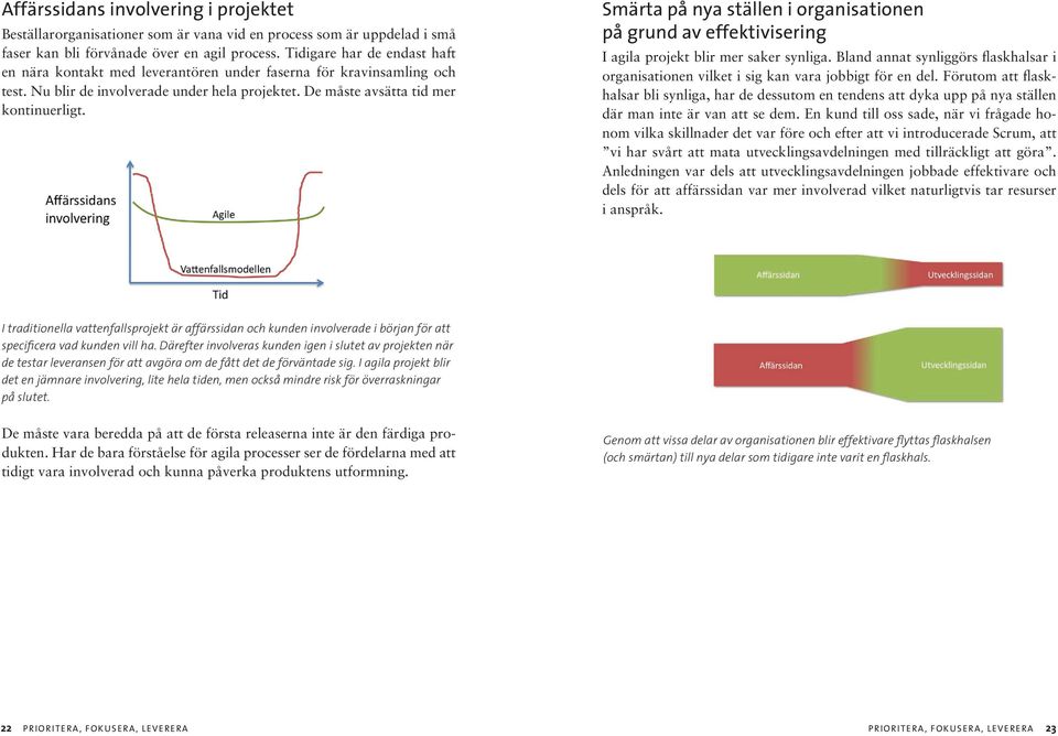 Smärta på nya ställen i organisationen på grund av effektivisering I agila projekt blir mer saker synliga. Bland annat synliggörs flaskhalsar i organisationen vilket i sig kan vara jobbigt för en del.