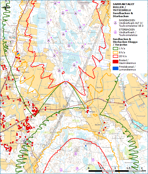 ( FCG DESIGN OCH PLANERING AB PLANBESKRIVNING / ( ( 77 (88) ( 11.16.3 Landskap Figur 11.13. Sammantagna skuggningskonsekvenser för Storbacken och Sandbacka ( vindkraftparker.