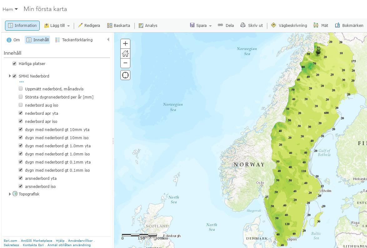 Som du ser i Kartans Innehåll består din Web Map av ett antal olika lager. Varje lager går att tända och släcka.