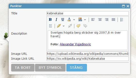 Jag har här sökt efter Kebnekaise och lagt till en nål på den platsen. I popupfönstret som visas kan vi lägga till mer information om platsen.