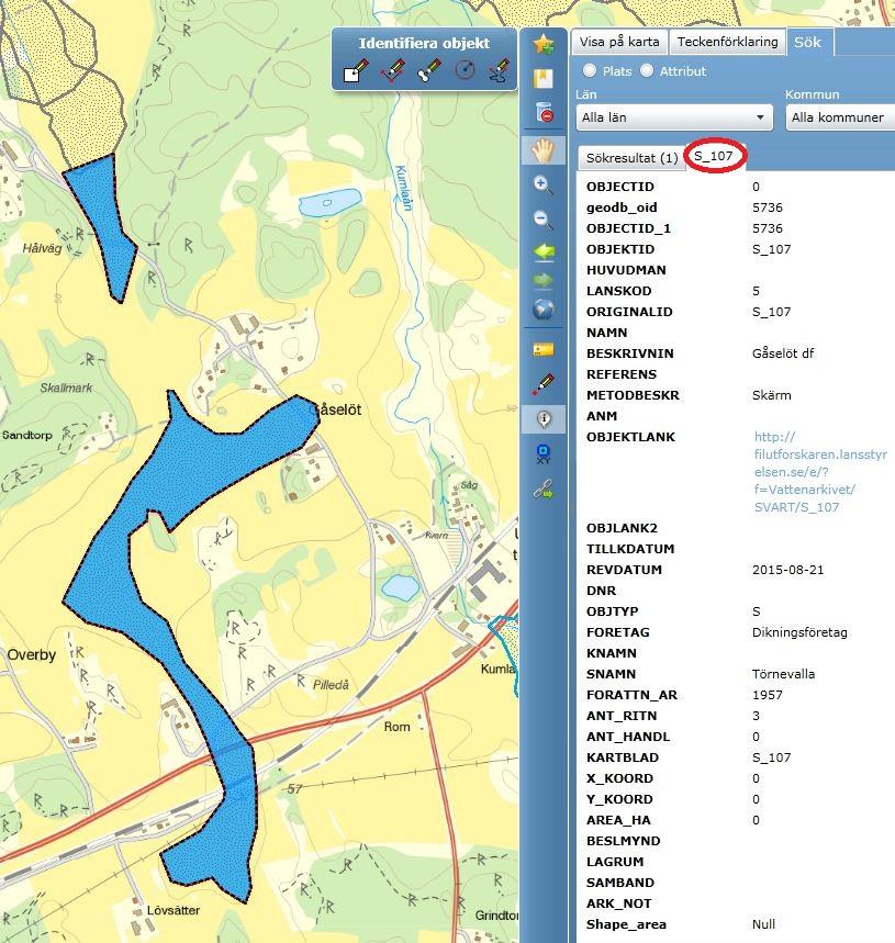 7(8) Klicka på fliken som i detta fall heter S_107 för mer info. I den fliken anges olika saker såsom aktnummer, årtal för samfälligheten m.m. Informationen varierar mellan olika län.