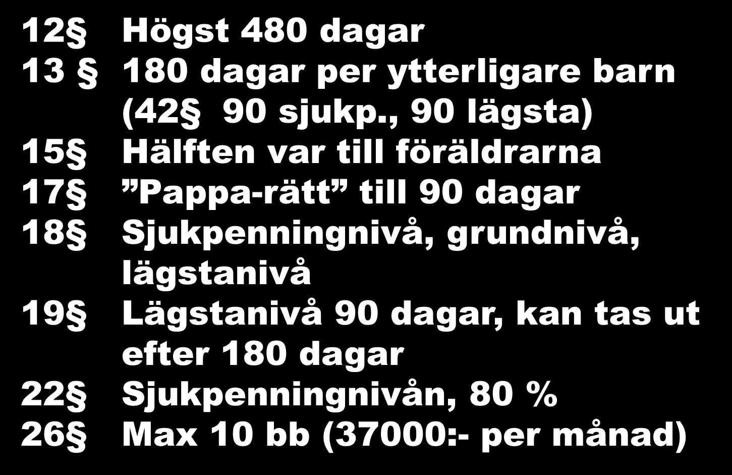 Socialförsäkringsbalk 2 12 Högst 480 dagar 13 180 dagar per ytterligare barn (42 90 sjukp.