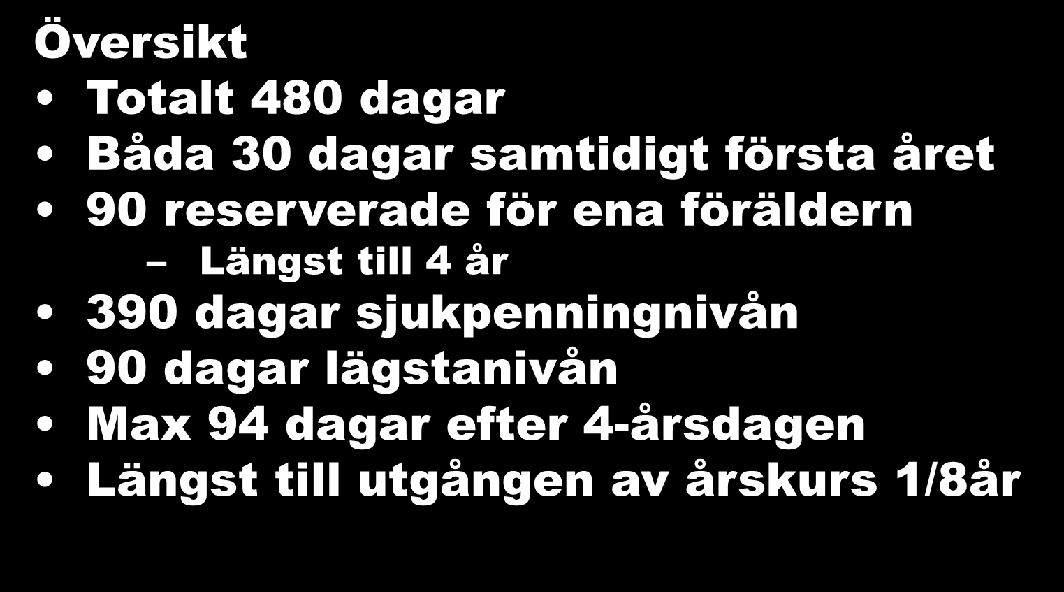 Socialförsäkringsbalk 6 Översikt Totalt 480 dagar Båda 30 dagar samtidigt första året 90 reserverade för ena föräldern Längst till 4 år 390