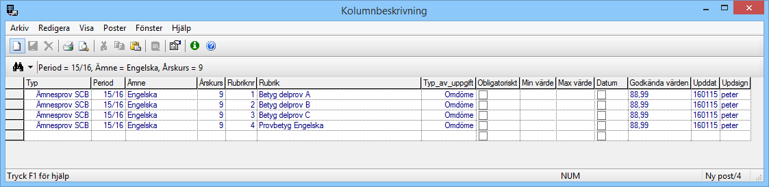 Kolumnbeskrivning för