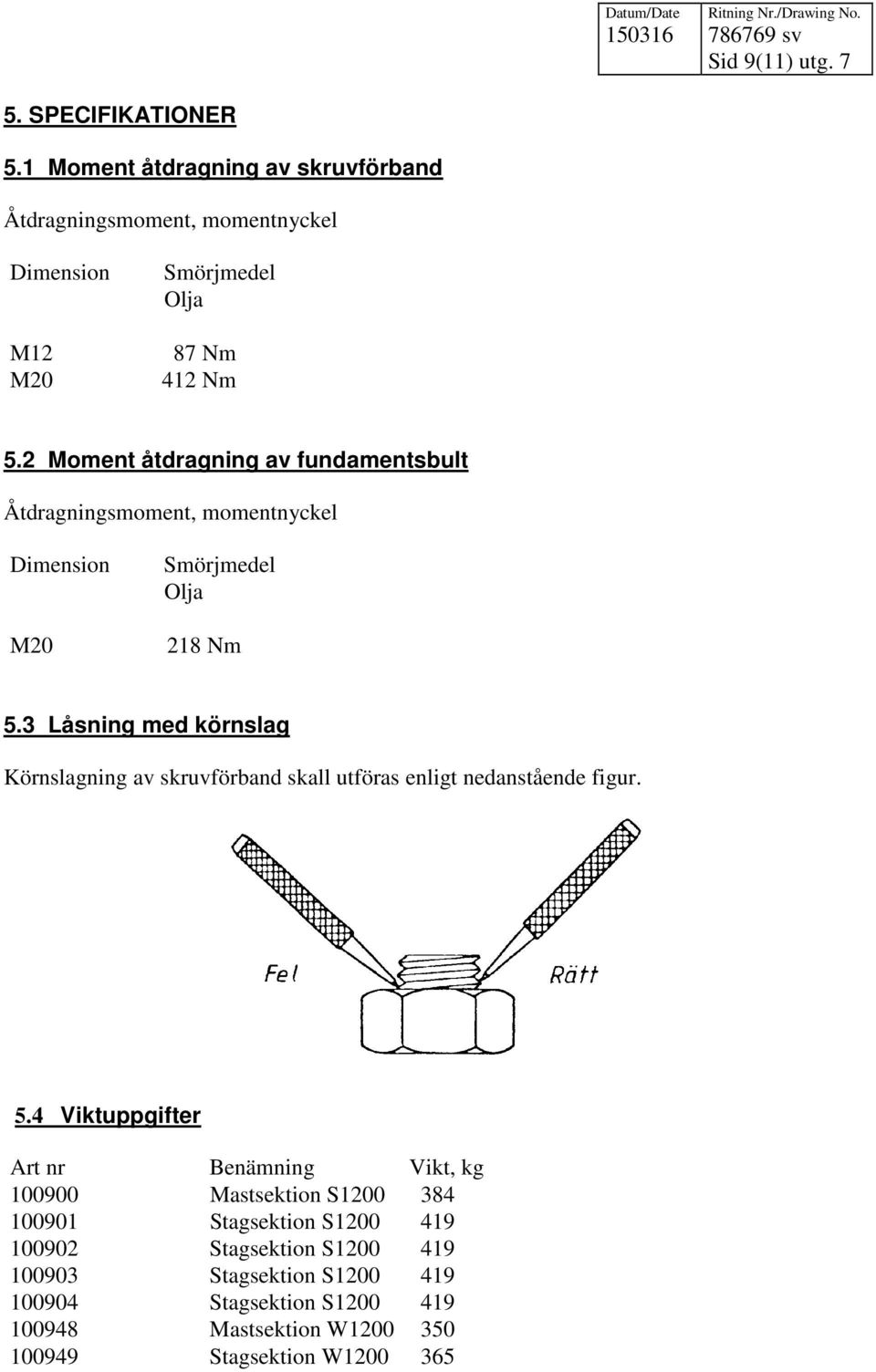 2 Moment åtdragning av fundamentsbult Åtdragningsmoment, momentnyckel Dimension M20 Smörjmedel Olja 218 Nm 5.