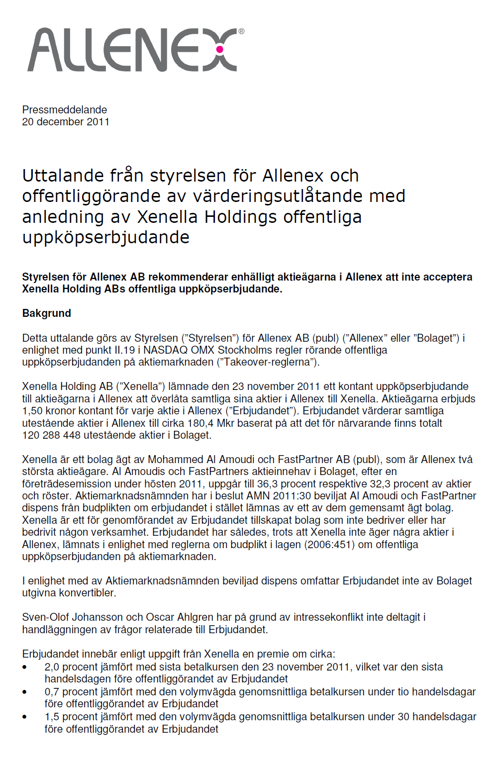 Uttalande från styrelsen för Allenex med