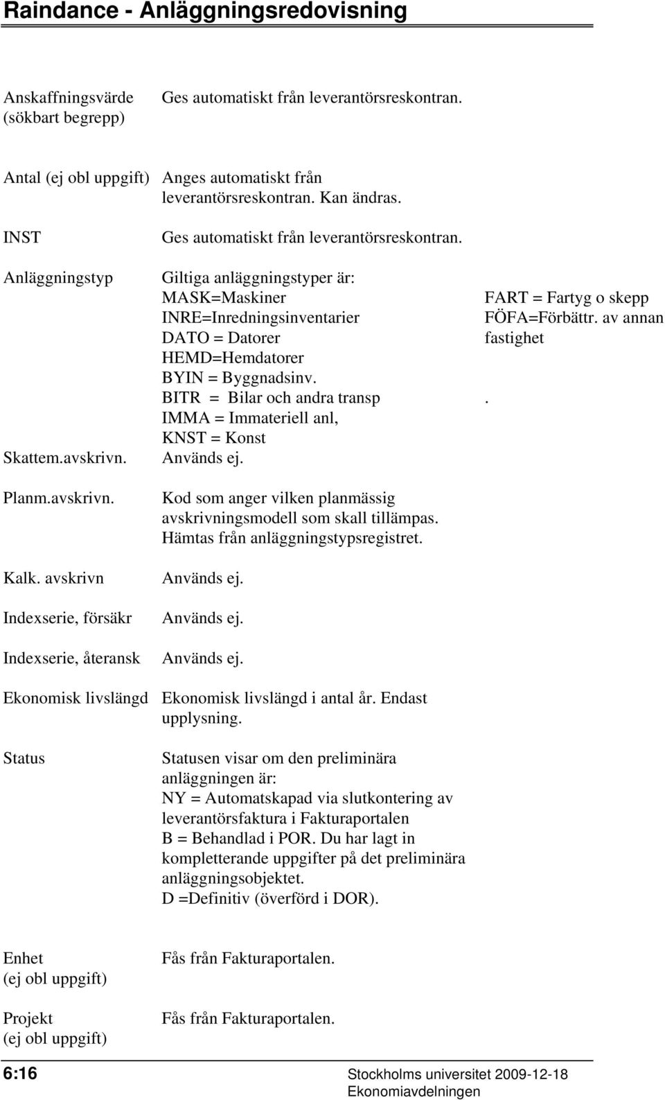 Giltiga anläggningstyper är: MASK=Maskiner FART = Fartyg o skepp INRE=Inredningsinventarier FÖFA=Förbättr. av annan DATO = Datorer fastighet HEMD=Hemdatorer BYIN = Byggnadsinv.