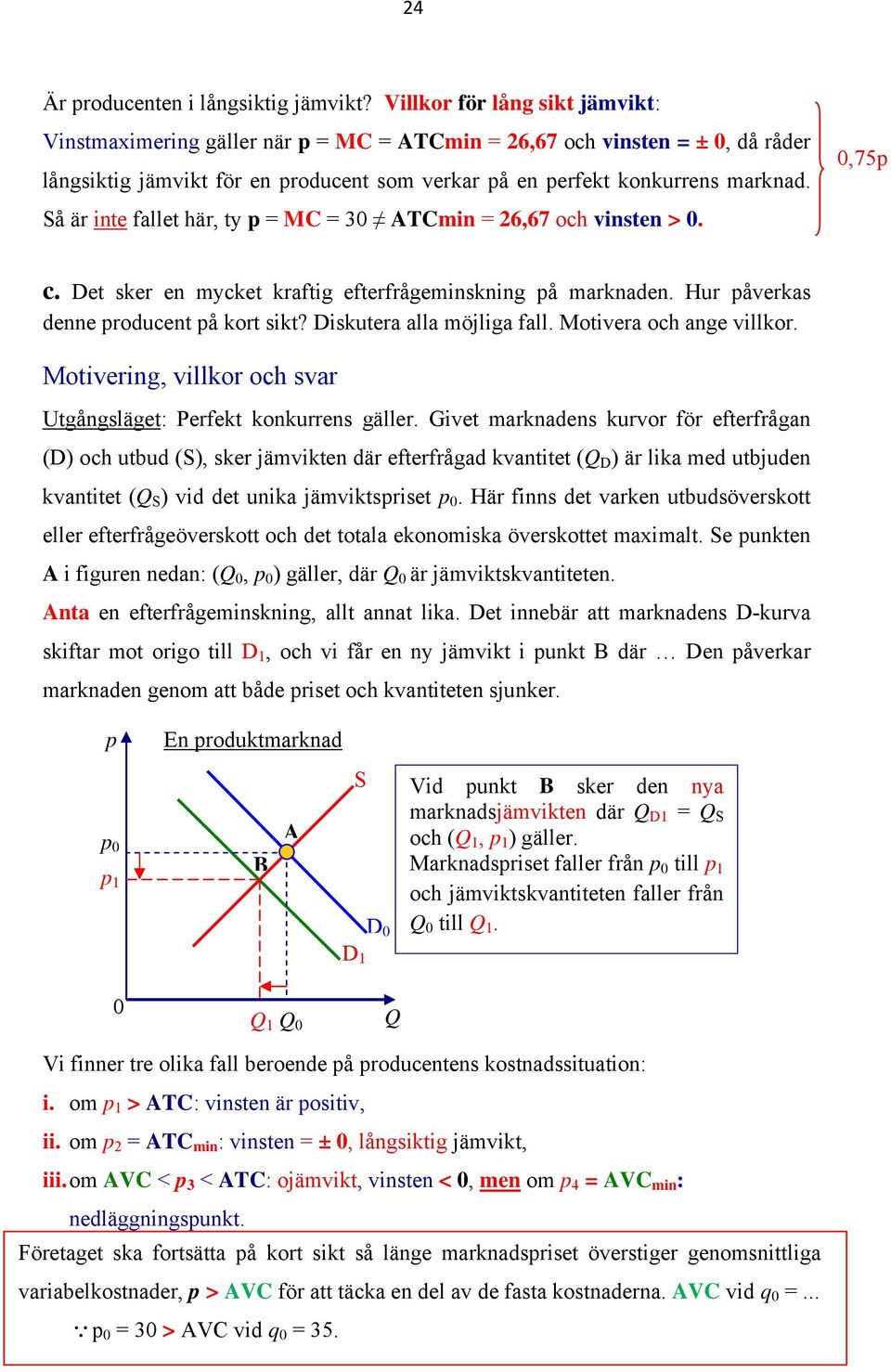 Så är inte fallet här, ty p = MC = 3 ATCmin = 26,67 och vinsten >.,75p c. Det sker en mycket kraftig efterfrågeminskning på marknaden. Hur påverkas denne producent på kort sikt?