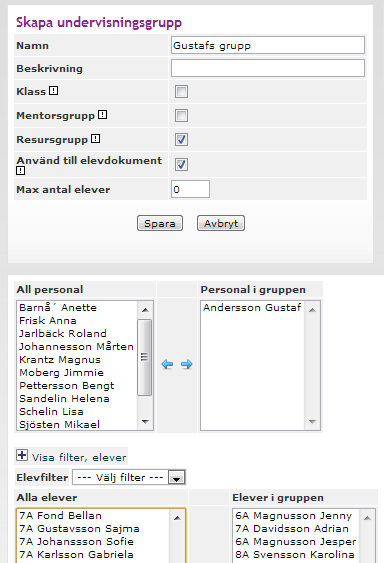 Resursgrupper kan användas för exempelvis specialedagoger, speciallärare, elevassistenter och liknande personal som ska ha tillgång till en begränsad grupp elever, utan att vara mentor.