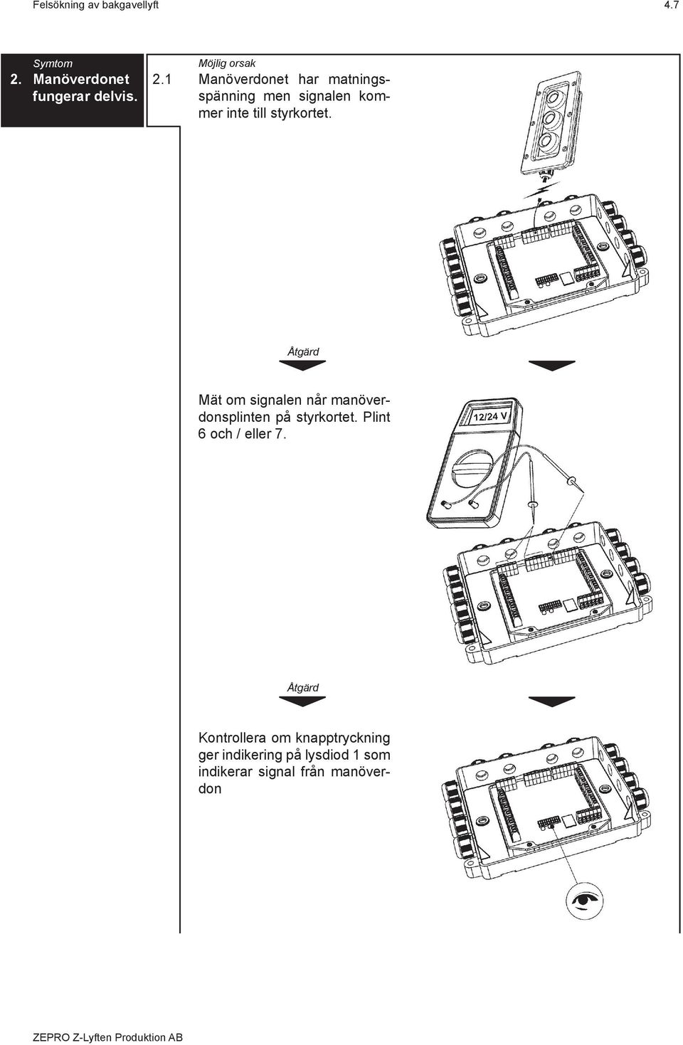 Mät om signalen når manöverdonsplinten på styrkortet. Plint 6 och / eller 7.