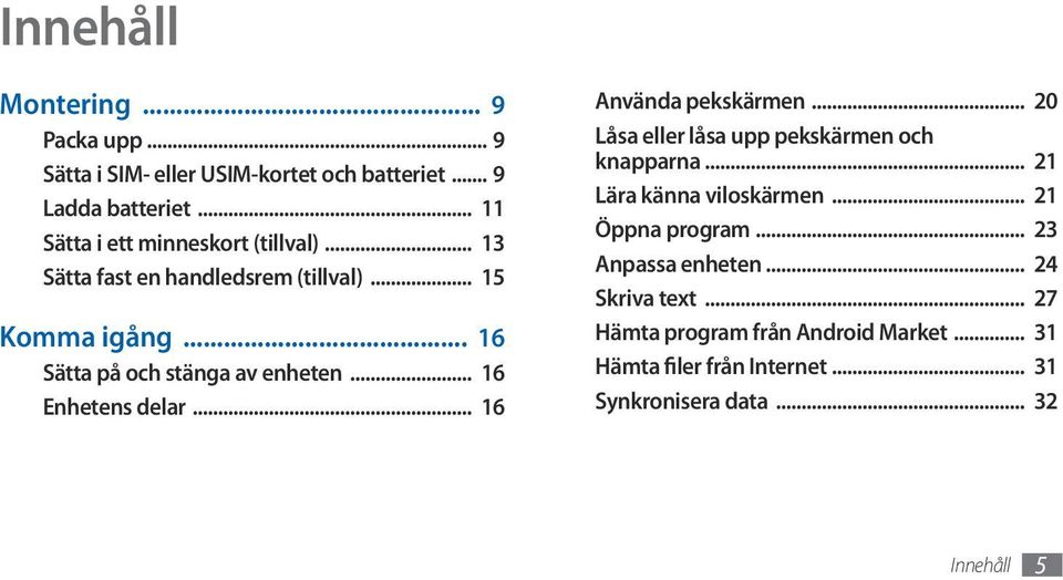 .. 16 Enhetens delar... 16 Använda pekskärmen... 20 Låsa eller låsa upp pekskärmen och knapparna... 21 Lära känna viloskärmen.