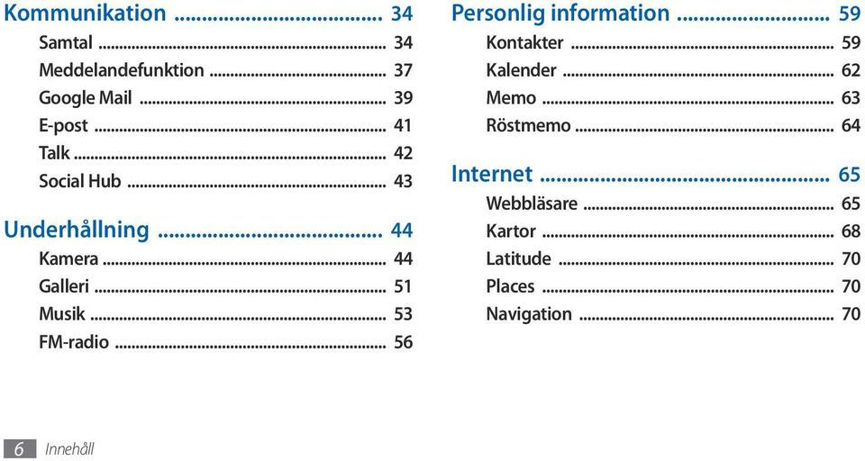 .. 56 Personlig information... 59 Kontakter... 59 Kalender... 62 Memo... 63 Röstmemo.