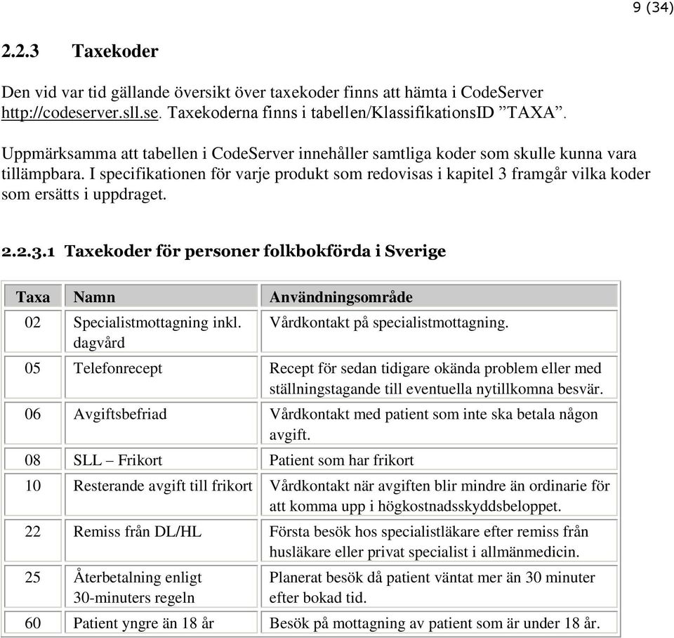 I specifikationen för varje produkt som redovisas i kapitel 3 framgår vilka koder som ersätts i uppdraget. 2.2.3.1 Taxekoder för personer folkbokförda i Sverige Taxa Namn Användningsområde 02 Specialistmottagning inkl.