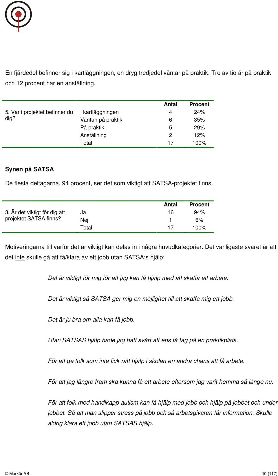 finns. 3. Är det viktigt för dig att projektet SATSA finns? Antal Procent Ja 16 94% Nej 1 6% Total 17 100% Motiveringarna till varför det är viktigt kan delas in i några huvudkategorier.