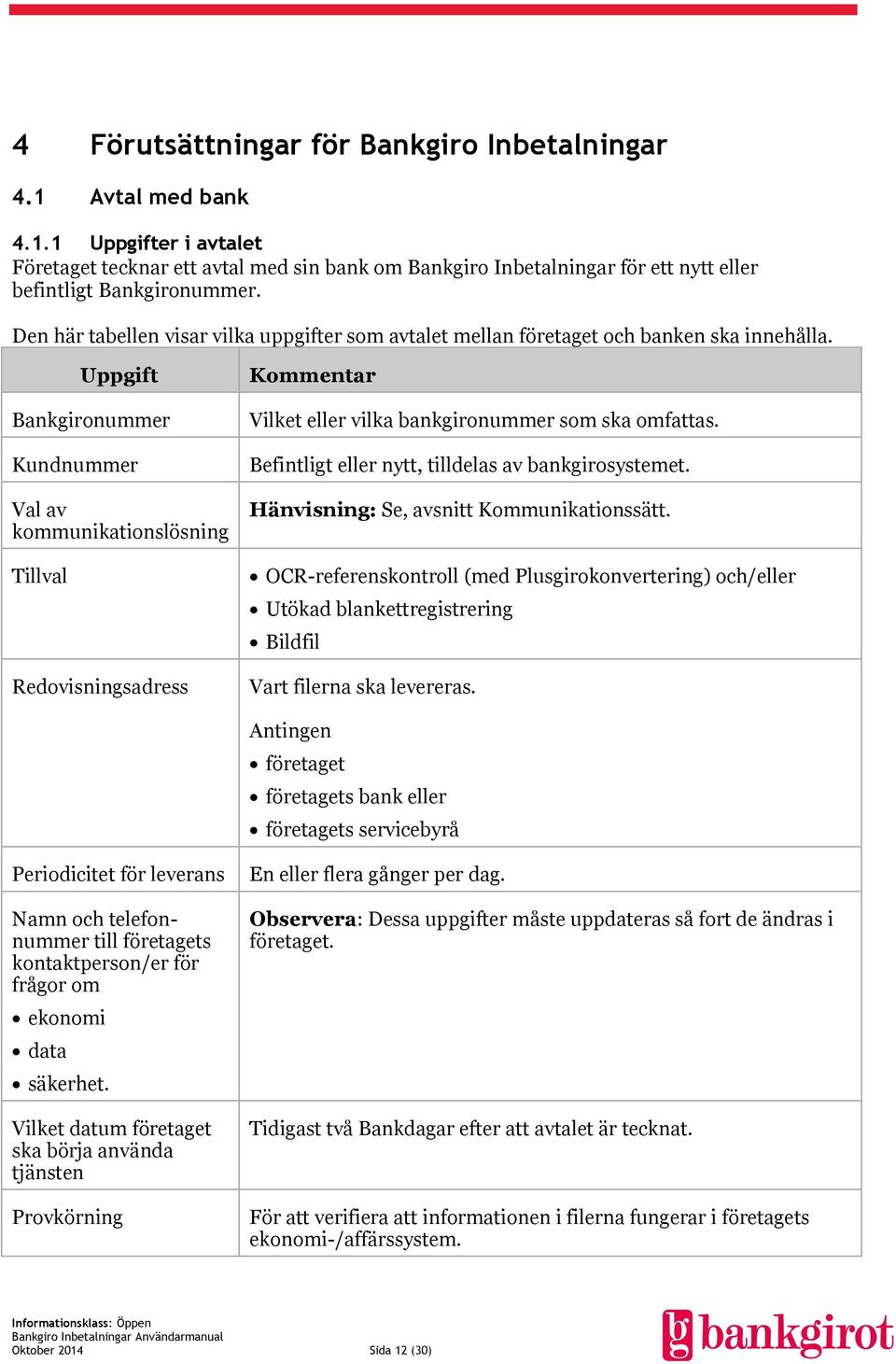 Uppgift Bankgironummer Kundnummer Val av kommunikationslösning Tillval Redovisningsadress Kommentar Vilket eller vilka bankgironummer som ska omfattas.