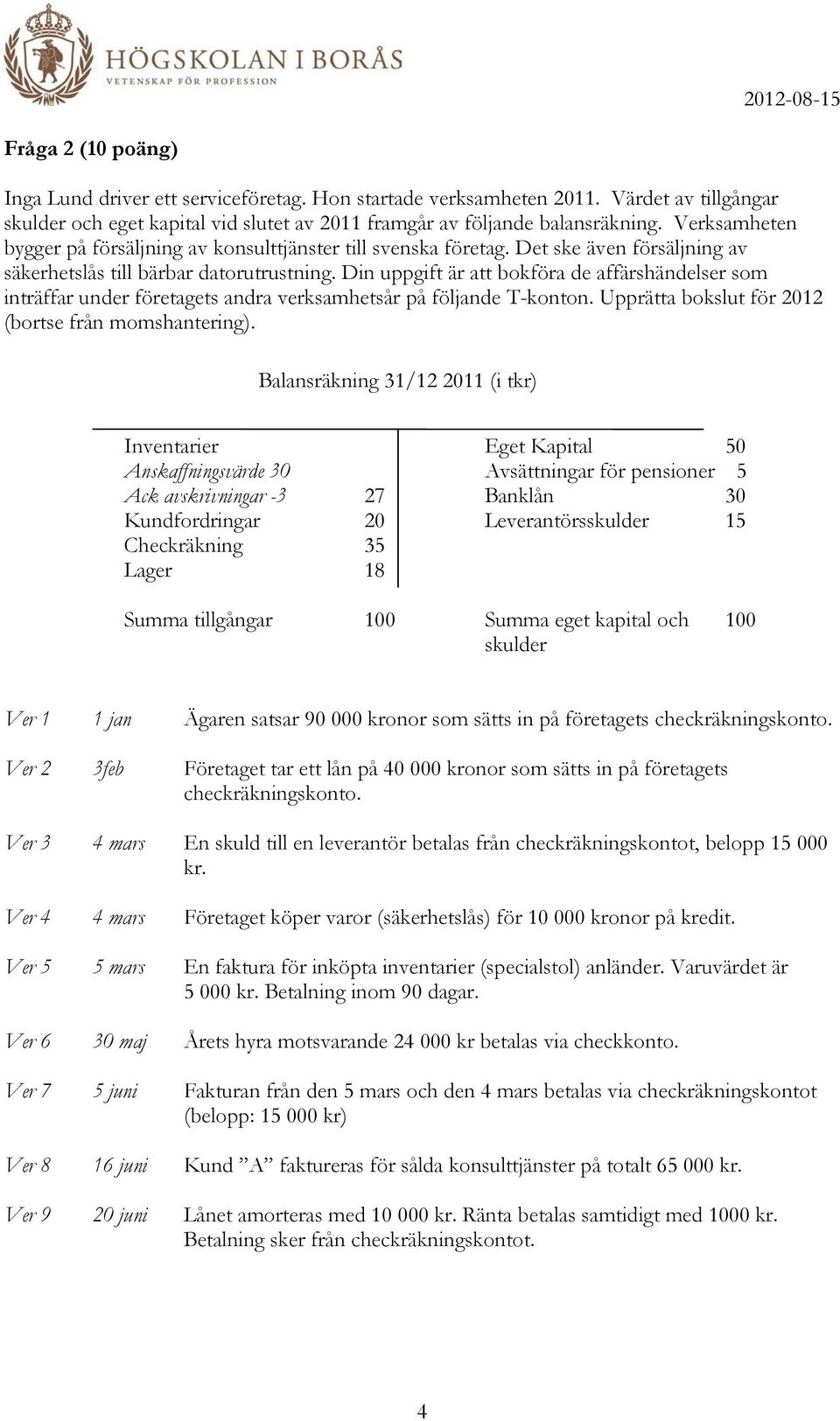 Din uppgift är att bokföra de affärshändelser som inträffar under företagets andra verksamhetsår på följande T-konton. Upprätta bokslut för 2012 (bortse från momshantering).