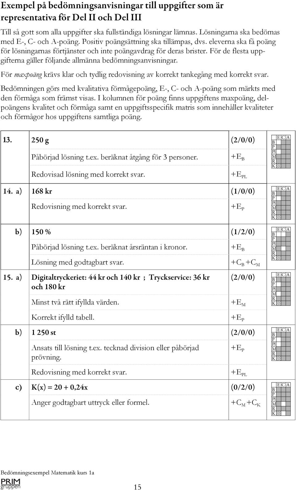 För de flesta uppgifterna gäller följande allmänna bedömningsanvisningar. För maxpoäng krävs klar och tydlig redovisning av korrekt tankegång med korrekt svar.