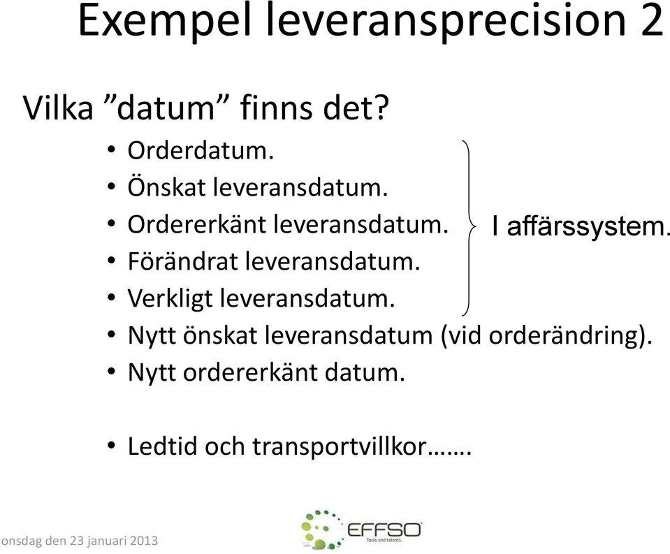 Förändrat leveransdatum. Verkligt leveransdatum.