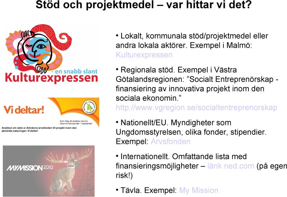 Exempel i Västra Götalandsregionen: Socialt Entreprenörskap finansiering av innovativa projekt inom den sociala ekonomin. http://www.