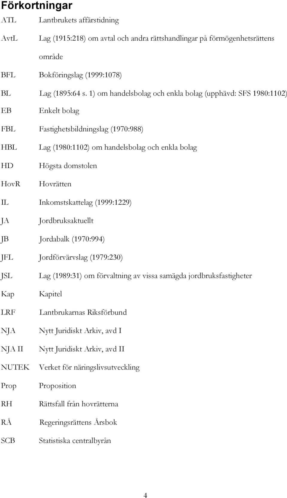 Hovrätten IL Inkomstskattelag (1999:1229) JA Jordbruksaktuellt JB Jordabalk (1970:994) JFL Jordförvärvslag (1979:230) JSL Kap LRF NJA NJA II NUTEK Prop RH RÅ SCB Lag (1989:31) om förvaltning av vissa