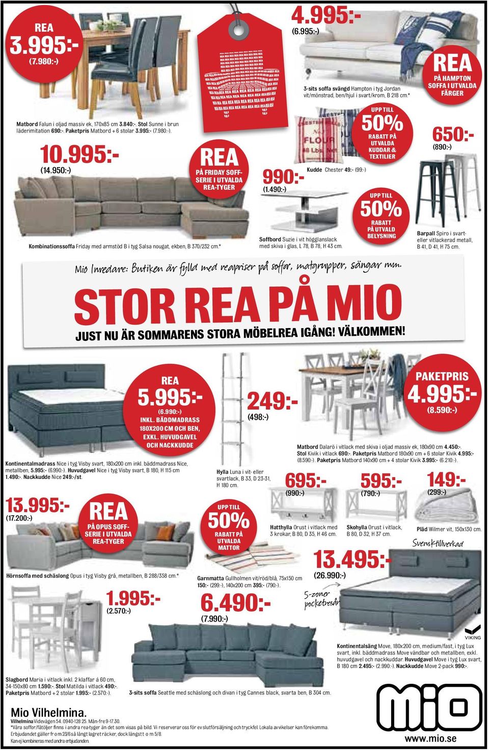 995:-) 3-sits soffa svängd Hampton i tyg Jordan vit/mönstrad, ben/hjul i svart/krom, B 218 cm.* Kudde Chester 49:- (99:-) 990:- (1.